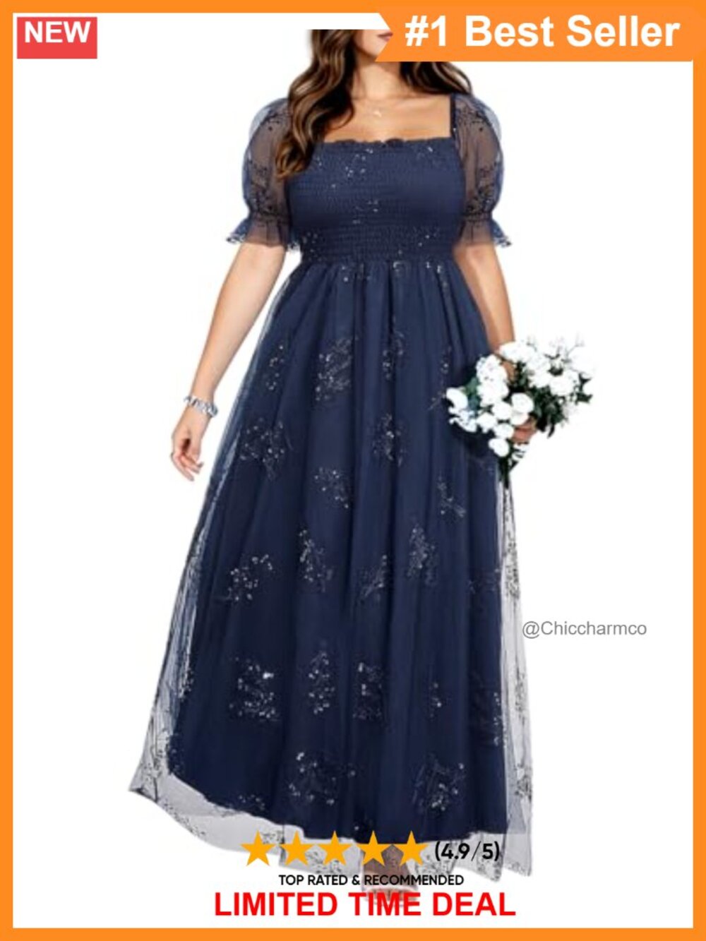 Plus Size Tulle Maxi Dress Sequin Floral Embroidery Formal Prom